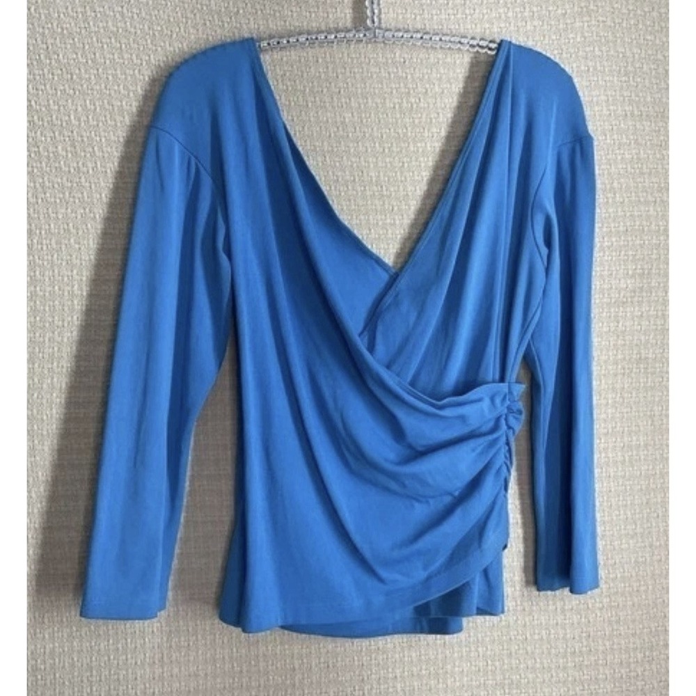 Carilyn Vaile 3/4 Sleeve V-Neck Faux Wrap Blouse Top Women Large Blue Chamo Y2K